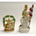 A Staffordshire flatback of a crowned king, possibly Henry V, holding a flag; together with