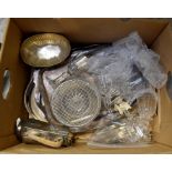 A collection of assorted items including silver plated trays, wine glasses, rose bowl, silver plated