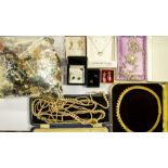 A collection of assorted costume jewellery including earrings, necklaces, brooches, faux pearl