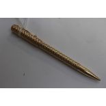 A gold propelling pencil, woven decoration, stamped 14k, total gross weight approx 33.8gms