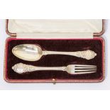 Victorian silver spoon and fork set, Birmingham 1891 in velvet and Moroccan leather case, approx