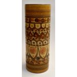 A Denby hand painted cylindrical vase on a beige ground, signed to underside, 28cm high