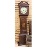 A 19th Century oak and mahogany longcase clock, swan neck cornice above a circular inlay glaze,