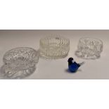 A Wedgwood blue glass paperweight moulded as a robin together with two cut glass trifle/fruit