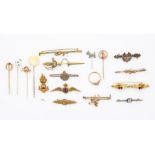 A collection of assorted hat pins, brooches, etc, set with various gemstones, some gold, gilt