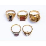 A 9ct gold  and carnelian ring,  a 9ct gold knot ring and a pearl and garnet ring, sizes M1/2 and N,