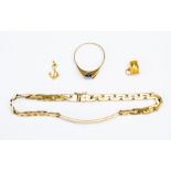 A 14k continental yellow gold ID bracelet, weight approx. 19gms, along with a ring set with an