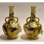 A pair of Japanese vases, aesthetic style with applied metal prunus and fern decoration