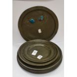 Tuderic pewter and enamel plate plus a collection of ten pewter plates