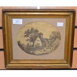 A framed and glazed, mid-19th Century, human hair embroidery picture, depicting 'Cottage and