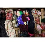 Carved wooden Punch style puppets, plus parts, along with two clowns (1 box)