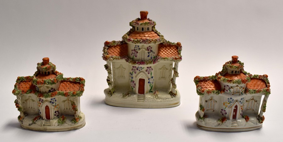 A garniture of pastille burners, mid 19th Century, possibly Staffordshire. (3)