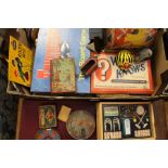 Tinplate games and puzzles, Chad Valley Pirate Money box, drum etc (1 box)