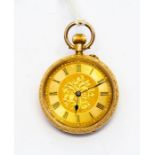 An Edwardian18ct gold open faced pocket watch, gold tone dial with foliate decoration to the centre,