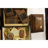 A box of Chinese curios to include a lacquered box and a box of magic lantern slides