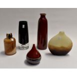 A collection of five studio pottery/glass vases, late 20th Century
