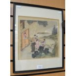 A collection of three Japanese woodblock prints, depicting figures in various settings, each mounted