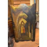 An oil on board triptyc possibly of a window view of Fountains Abbey (Yorkshire), with fine inlay of