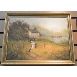 Parson, Les; A pair of framed, oils on canvas, one depicting two girls floating boats in a pond, and
