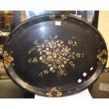 An 1860's papier mache oval tray with mother of pearl inlay