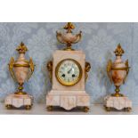 A 19th Century French marble and ormolu mounted garniture de cheminee, the eight day clock striking