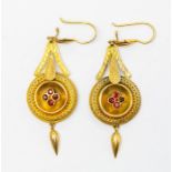 A pair of Victorian Etruscan revival drop earrings, the circular design set to centre with quatre-