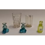 A pair of azure blue artisan vases; a glass perfume bottle; a 19th Century divided wash room glass