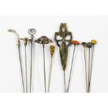 Hat pins- A collection of ten hat pins to include a silver Charles Horner golf club, Chester 1907,