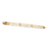 A cultured pearl three-row bracelet, with 18ct gold diamond cluster-set clasp, a total of seventy-