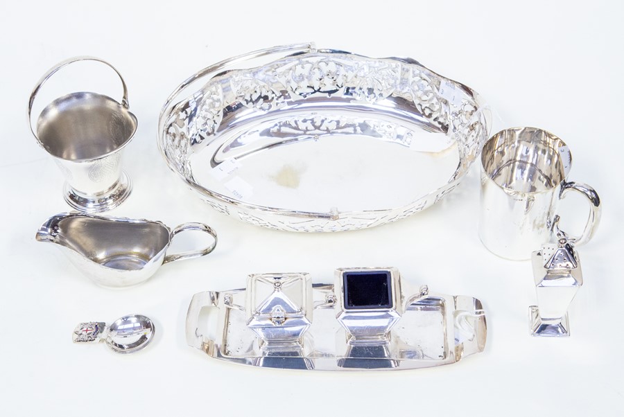 Plated items in the Art Deco style to include a condiment set, basket plus others (Q)