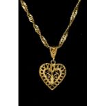 A 9ct gold filigree heart pendant along with a 9ct gold rope twist chain, chain length approx.