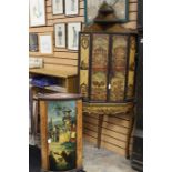 A 19th Century chinoiserie lacquered corner cupboard on stand, triangular carved top with two