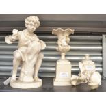 Early 20th Century plaster figure of a young stone mason along with a pair of mantel urns AF