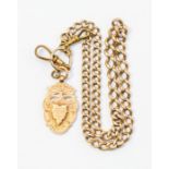 A 9ct rose gold Albert fob chain, along with a medallion, gilt metal fastenings, chain length