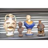 19th Century stone ware flask in the shape of an officers head, a Staffordshire bust, metal bust,