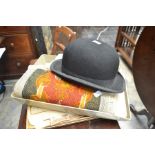 A collection of silks and needlework's, patch work and bowler hat
