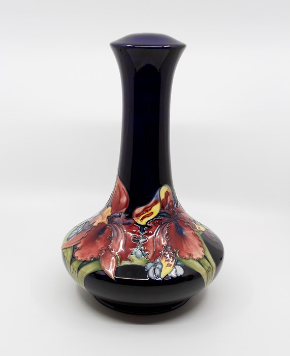 Moorcroft Orchid pattern lamp base, squat body with long slender neck, circa 1948, signed and marked