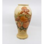 Moorcroft Finches pattern baluster vase on ochre ground circa 1989, signed and marked to base,