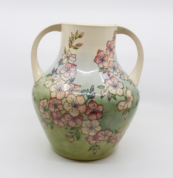 Moorcroft Spring Blossom pattern, two handled amphora form vase, signed and marked to base, circa - Image 3 of 5