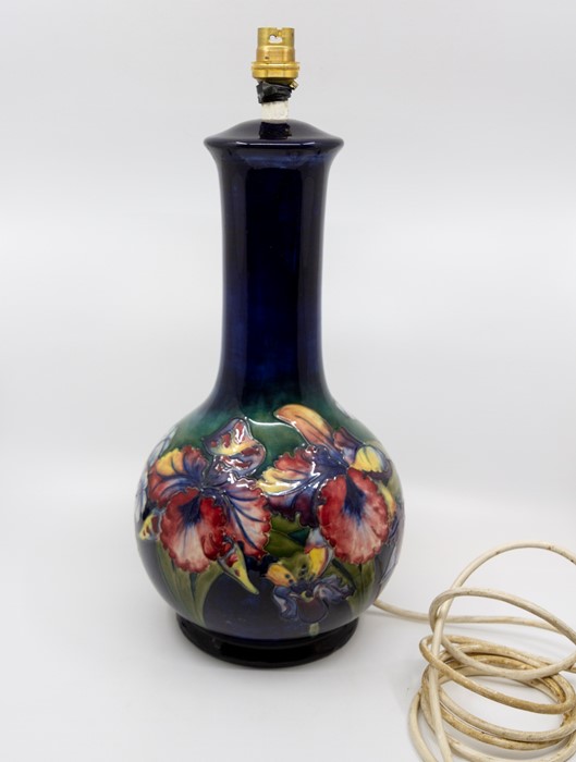 Moorcroft Orchid pattern table lamp circa 1940, signed and marked to the base, approx 44 cms tall