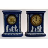 Two Wedgwood blue Jasper Ware mantel clocks, late 19th/early 20th Century, classical decoration,