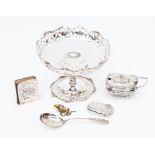 A silver 20th Century London 1920 bonbon dish; silver Chester mustard pot, London silver spoon;