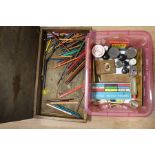 Artists materials including hinged palette, brushes, oils, pastels etc (2 boxes)
