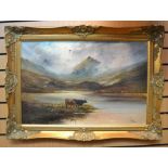 Two 19th Century furnishing oil on canvas paintings, depicting Highland Cattle scenes, one signed