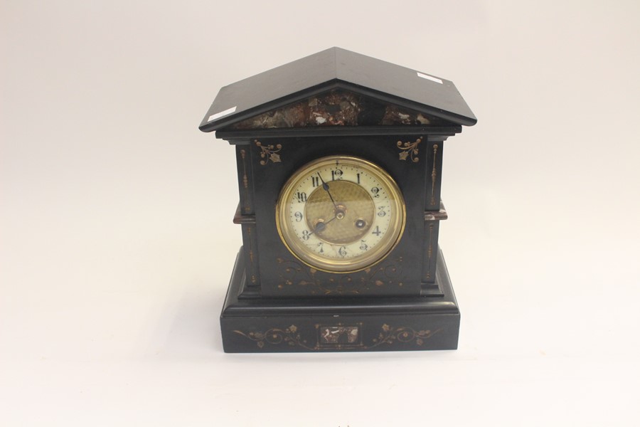 A Victorian black slate and marble inset eight day mantel clock, porcelain dial with Arabic