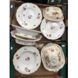 An early Victorian transfer printed part dinner service, including two tureens, dish, 25 dinner