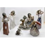 Six Lladro figures of young girls, Cherub and boy, two figures, as found.