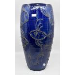 A large Continental studio pottern vase / umbrella stand, cobalt blue body incised with multiple