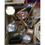 A collection of brass and copper wares, some plated with fire irons on dogs