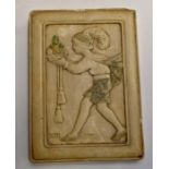 Phoebe Stabler relief moulded plaque of a boy carrying a fruit basket, marked 14 x 19.5 cms approx